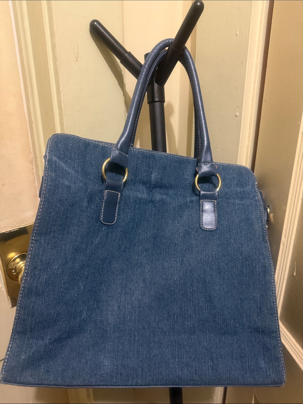 Denim Tote Bag with Gold Accent Hardware - Picture 6 of 8
